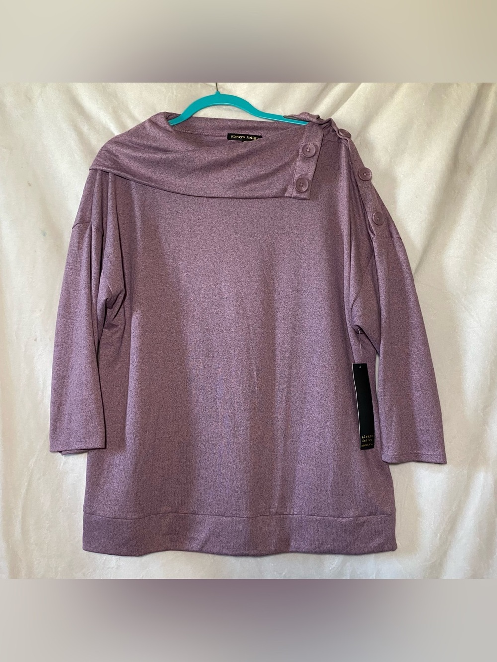 Always Indigo Lavender Button-Shoulder Cowl Neck Sweater